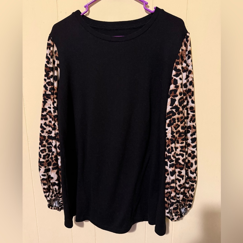 Black Top with Leopard Print Balloon Sleeves
